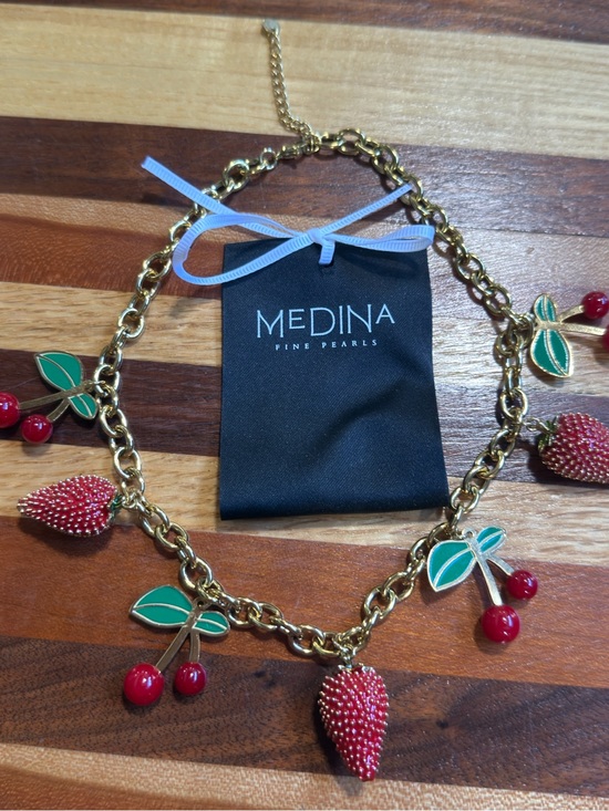Medina Fine Pearls Jewelry - Gold Cherry & Strawberry Charm Necklace in Red and Green